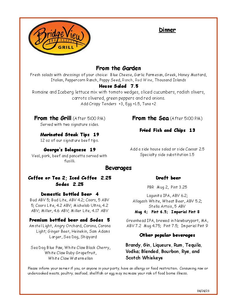 Bridge View Grill Dinner Menu